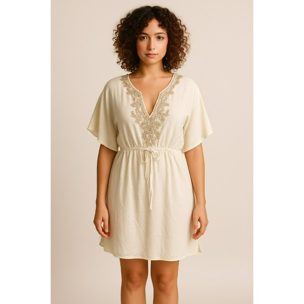 Free People Cream Embroidered Tunic Top Womens 10 Tie-Front
